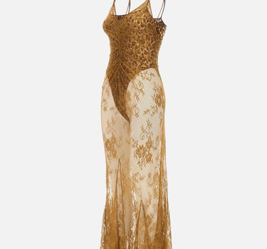 Abito lungo in pizzo con finiture in seta QZ004 BROWNISHGREEN JACQUES WEI