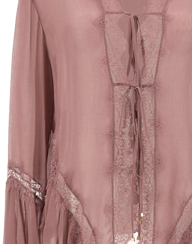 BLUMARINE Blusa asimmetrica in crêpe de Chine e pizzo Pink Donna 