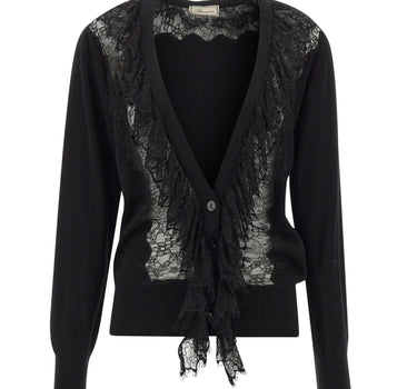 BLUMARINE Cardigan in lana con volant in pizzo BLACK Donna 