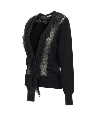 BLUMARINE Cardigan in lana con volant in pizzo BLACK Donna 