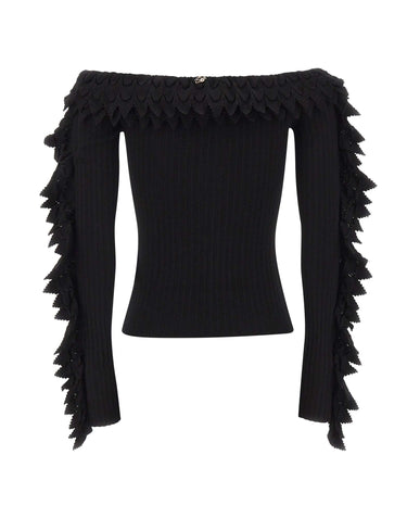 BLUMARINE Maglia a coste con balze smerlate BLACK Donna 