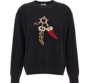 LIU-JO Maglia jacquard in lana con charm BLACK Donna 