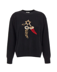 LIU-JO Maglia jacquard in lana con charm BLACK Donna 