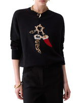 LIU-JO Maglia jacquard in lana con charm BLACK Donna 