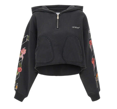 OFF-WHITE "Bookish Flower Pocket Crop Hoodie" BLACK Donna 