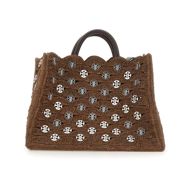 RABANNE Borsa a mano in rafia con dischi metallici BROWN Donna 