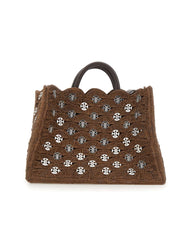 RABANNE Borsa a mano in rafia con dischi metallici BROWN Donna 