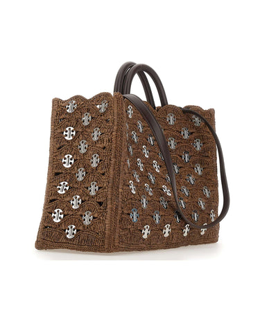 RABANNE Borsa a mano in rafia con dischi metallici BROWN Donna 