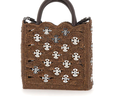 RABANNE Borsetta a mano in rafia con dischi metallici BROWN Donna 
