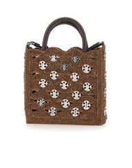 RABANNE Borsetta a mano in rafia con dischi metallici BROWN Donna 