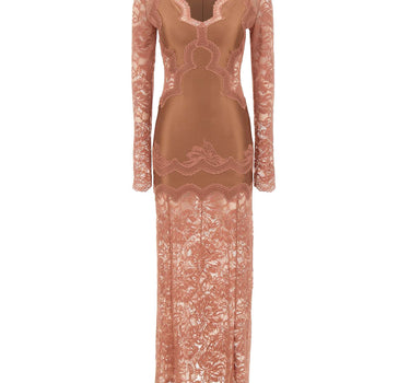 RABANNE Abito lungo in jersey e pizzo Pink Donna 