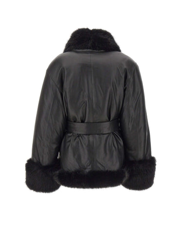 ROTATE BIRGER CHRISTENSEN Giacca in pelle con bordi in pelliccia BLACK Donna 