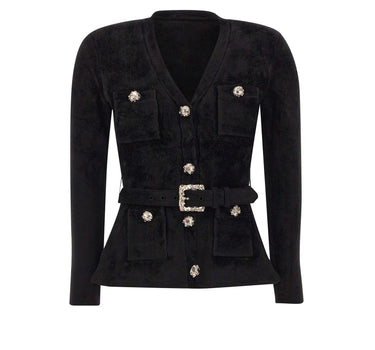 SELF-PORTRAIT Cardigan in ciniglia con cintura BLACK Donna 