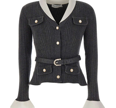 SELF-PORTRAIT Cardigan a costine con cintura GREY Donna 