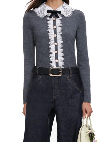 SELF-PORTRAIT Cardigan con colletto e inserti in pizzo GREY Donna 