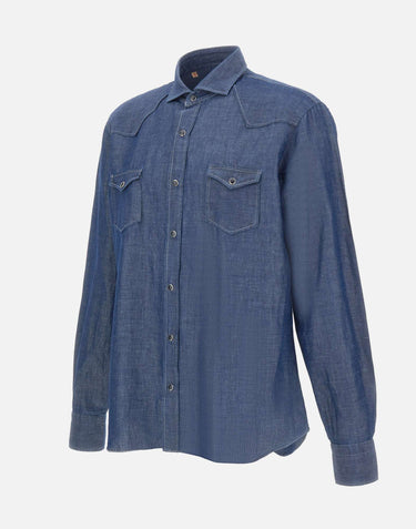 BARBA Camicia in misto cotone e lino BLUE Uomo 