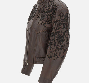 JACQUES WEI Giacca in pelle con ricamo floreale BROWN Donna 
