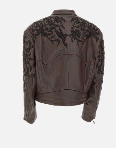 JACQUES WEI Giacca in pelle con ricamo floreale BROWN Donna 