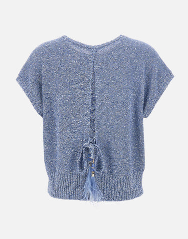 KANGRA Maglia smanicata con paillettes e piume Light Blue Donna 