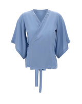 KANGRA Blusa incrociata in crêpe di seta Light Blue Donna 