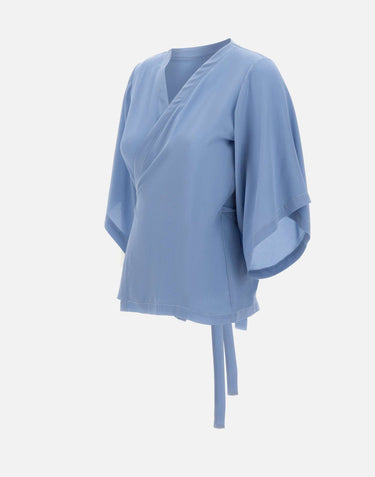 KANGRA Blusa incrociata in crêpe di seta Light Blue Donna 