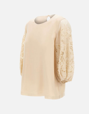 MAX MARA STUDIO Blusa in garza ramié e Sangallo BEIGE Donna 