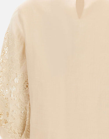 MAX MARA STUDIO Blusa in garza ramié e Sangallo BEIGE Donna 