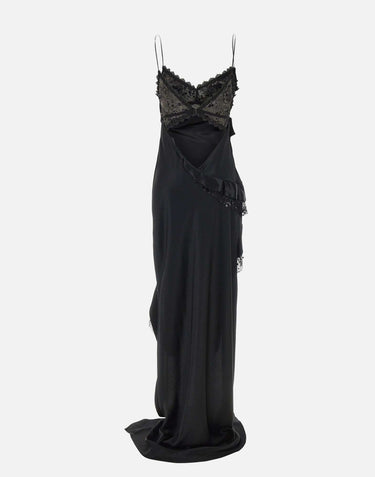 Abito lungo in raso con schiena scoperta RRS16676 BLACK NISSA 