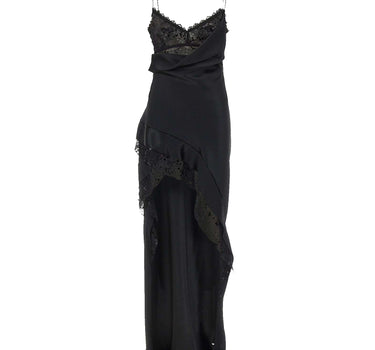 Abito lungo in raso con schiena scoperta RRS16676 BLACK NISSA 