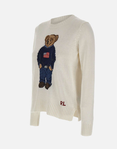 POLO RALPH LAUREN Maglia "Polo Bear" in cotone e lino WHITE Donna 