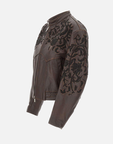 Giacca in pelle con ricamo floreale JK002 LTGREEN JACQUES WEI 
