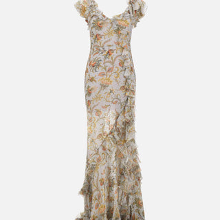Abito lungo in seta plumetis con volant e motivo floreale WRHA0564 99SADI2X0881 ETRO 