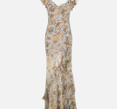 Abito lungo in seta plumetis con volant e motivo floreale WRHA0564 99SADI2X0881 ETRO 