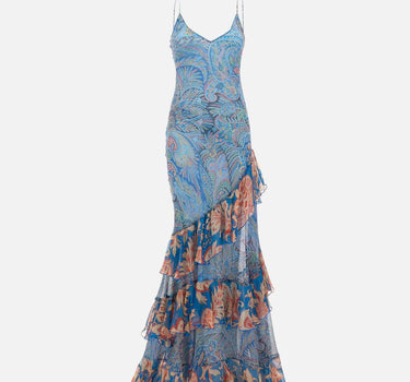 Abito lungo in seta con volant e motivo floreale WRHA0624 99SA1Q7X0887 ETRO 