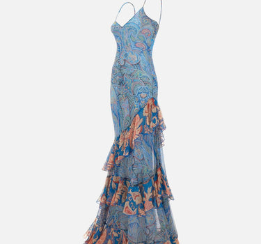 Abito lungo in seta con volant e motivo floreale WRHA0624 99SA1Q7X0887 ETRO 