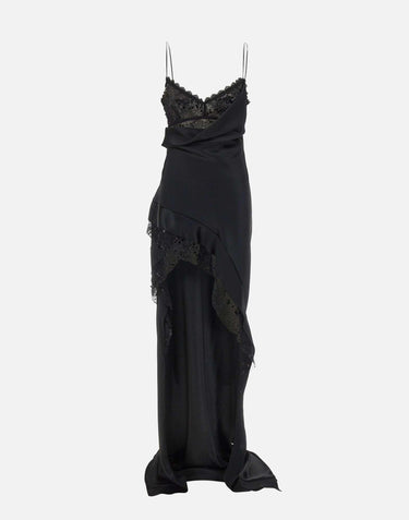 Abito lungo in raso con schiena scoperta RRS16676 BLACK NISSA 