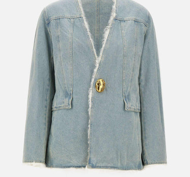 "Shearling lining denim collarless jkt" WT006 BLUE JACQUES WEI 