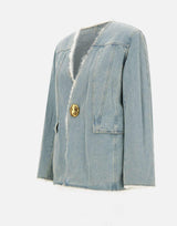 "Shearling lining denim collarless jkt" WT006 BLUE JACQUES WEI 