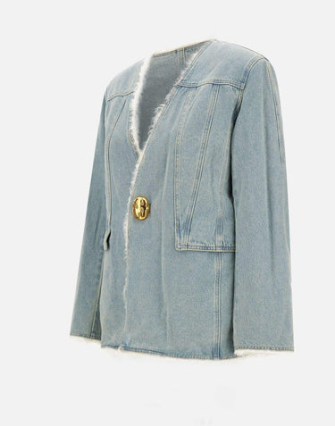 "Shearling lining denim collarless jkt" WT006 BLUE JACQUES WEI 