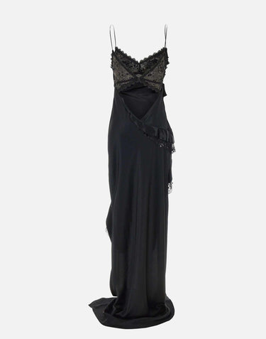 Abito lungo in raso con schiena scoperta RRS16676 BLACK NISSA 