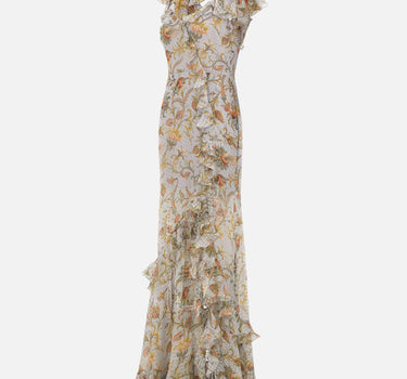 Abito lungo in seta plumetis con volant e motivo floreale WRHA0564 99SADI2X0881 ETRO 