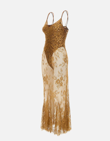 Abito lungo in pizzo con finiture in seta QZ004 BROWNISHGREEN JACQUES WEI 