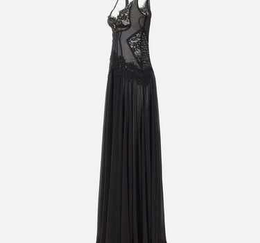 Abito da sera con inserti in pizzo e paillettes RS16294 BLACK NISSA 