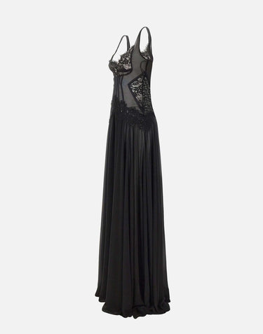 Abito da sera con inserti in pizzo e paillettes RS16294 BLACK NISSA 
