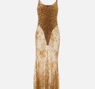 Abito lungo in pizzo con finiture in seta QZ004 BROWNISHGREEN JACQUES WEI 