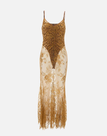 Abito lungo in pizzo con finiture in seta QZ004 BROWNISHGREEN JACQUES WEI 